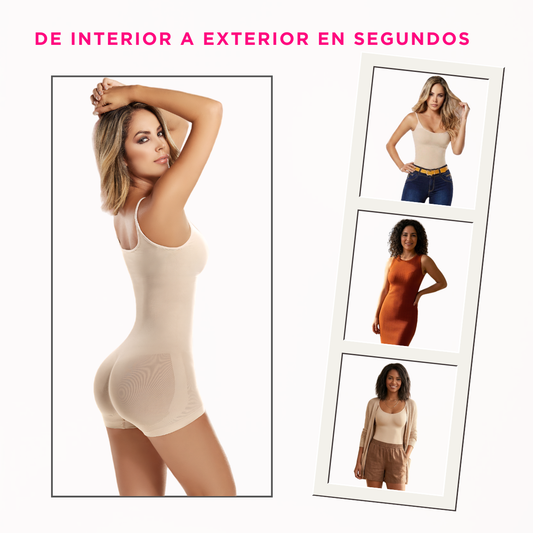 Mujer usando el Body short Modelador y pushUP color Beige de la marca BEL. con diferentes outfit. de outfit interior a exterior en segundos!