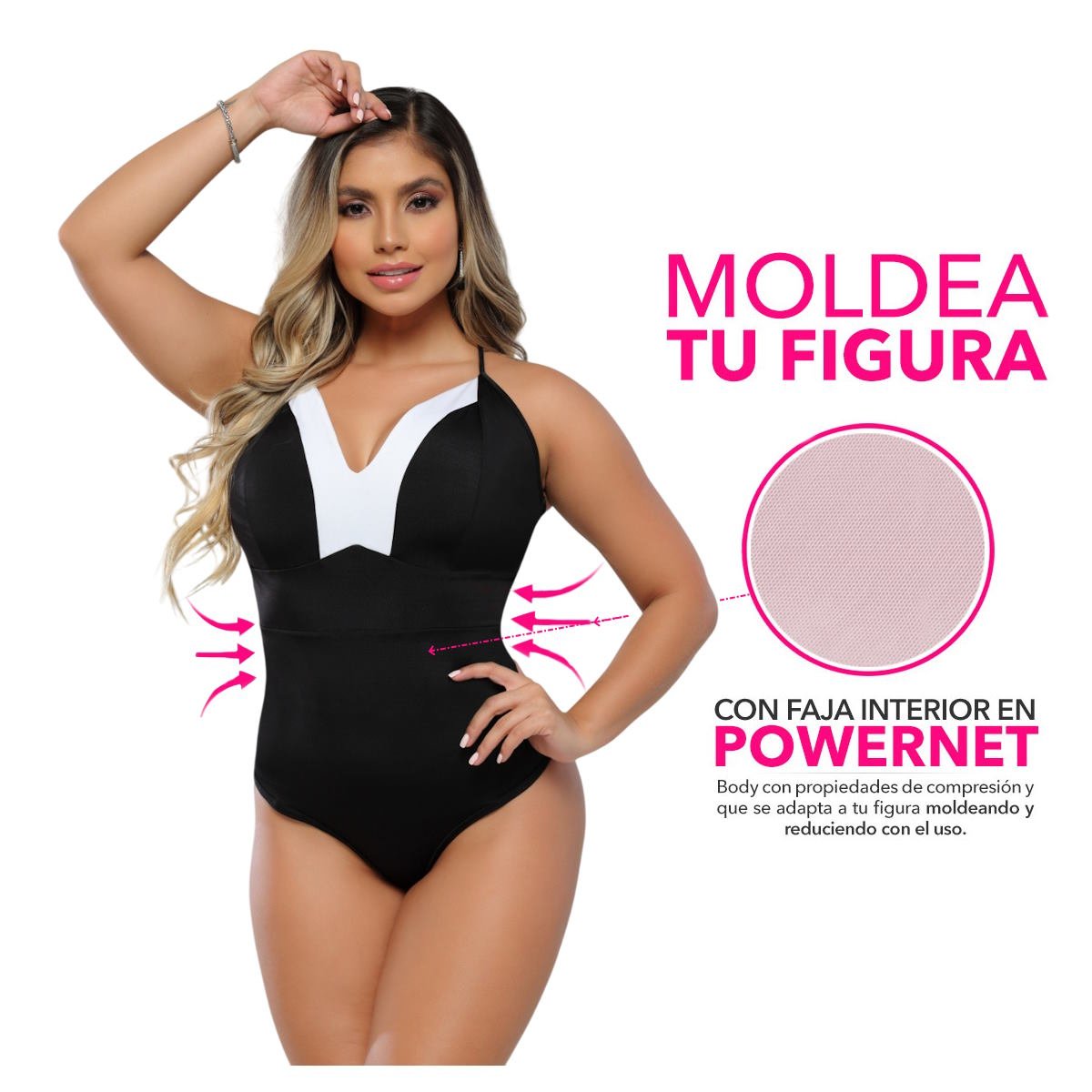 Body colombiano color Negro, diseño de cuello en V blanco y con faja abdominal interna, muestra atributos de faja interior powernet. Modelo R9158 de bellezaexpresslatina