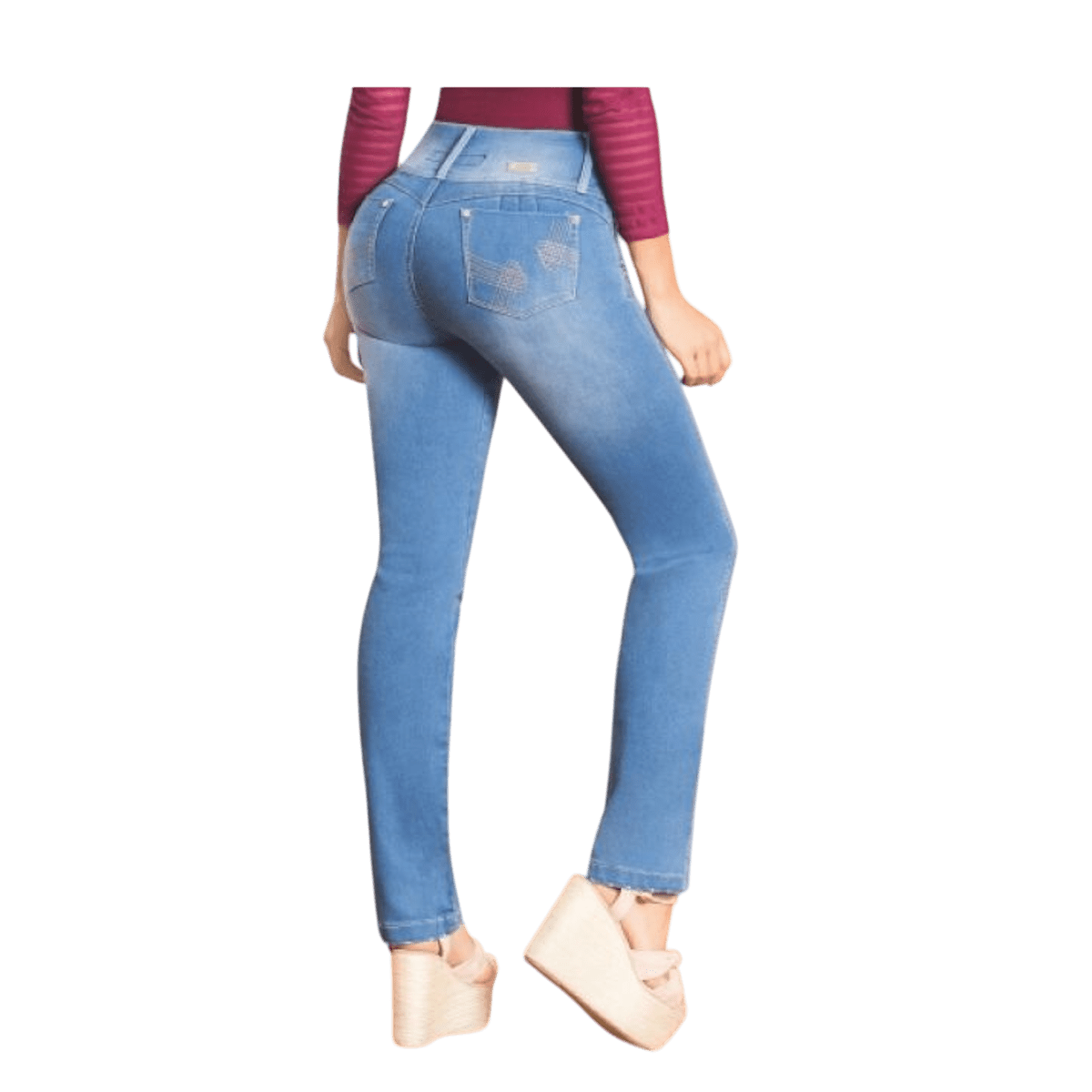Jean Colombiano Push Up - Azul Claro 3 Botones y Bota Recta. - bellezaexpresslatina