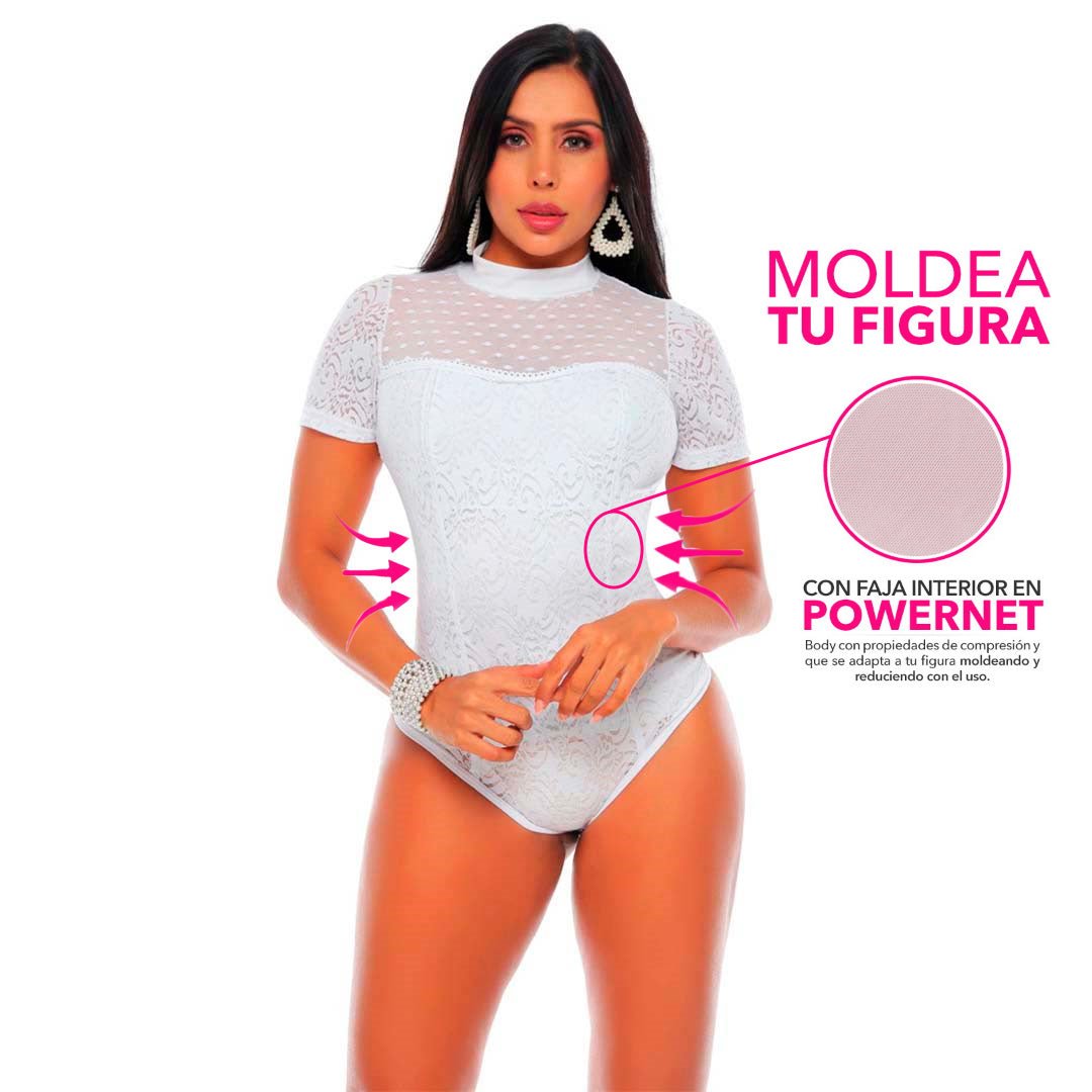 Body en blonda y mallatex con faja interna en Powernet 7977 - R3 - bellezaexpresslatina