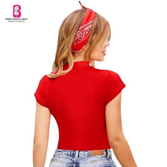 Polera de Moda con cierre frontal y manga corta R1-10125 - bellezaexpresslatina