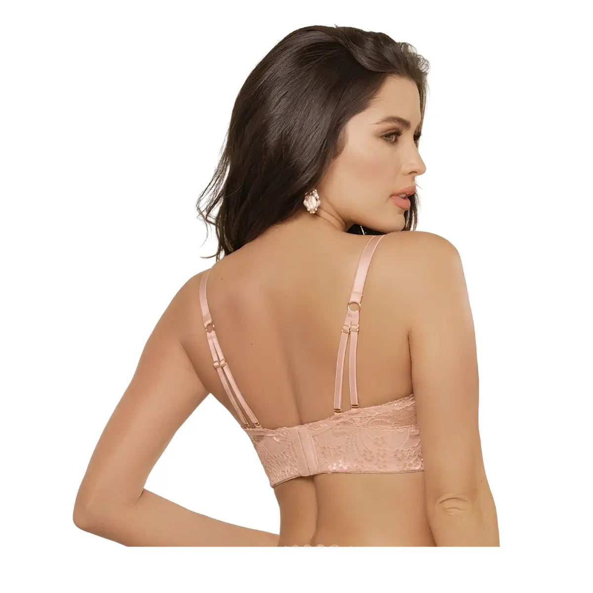 Sostén Colombiano tipo bustier con encaje y tull en color NUDE Vista posterior