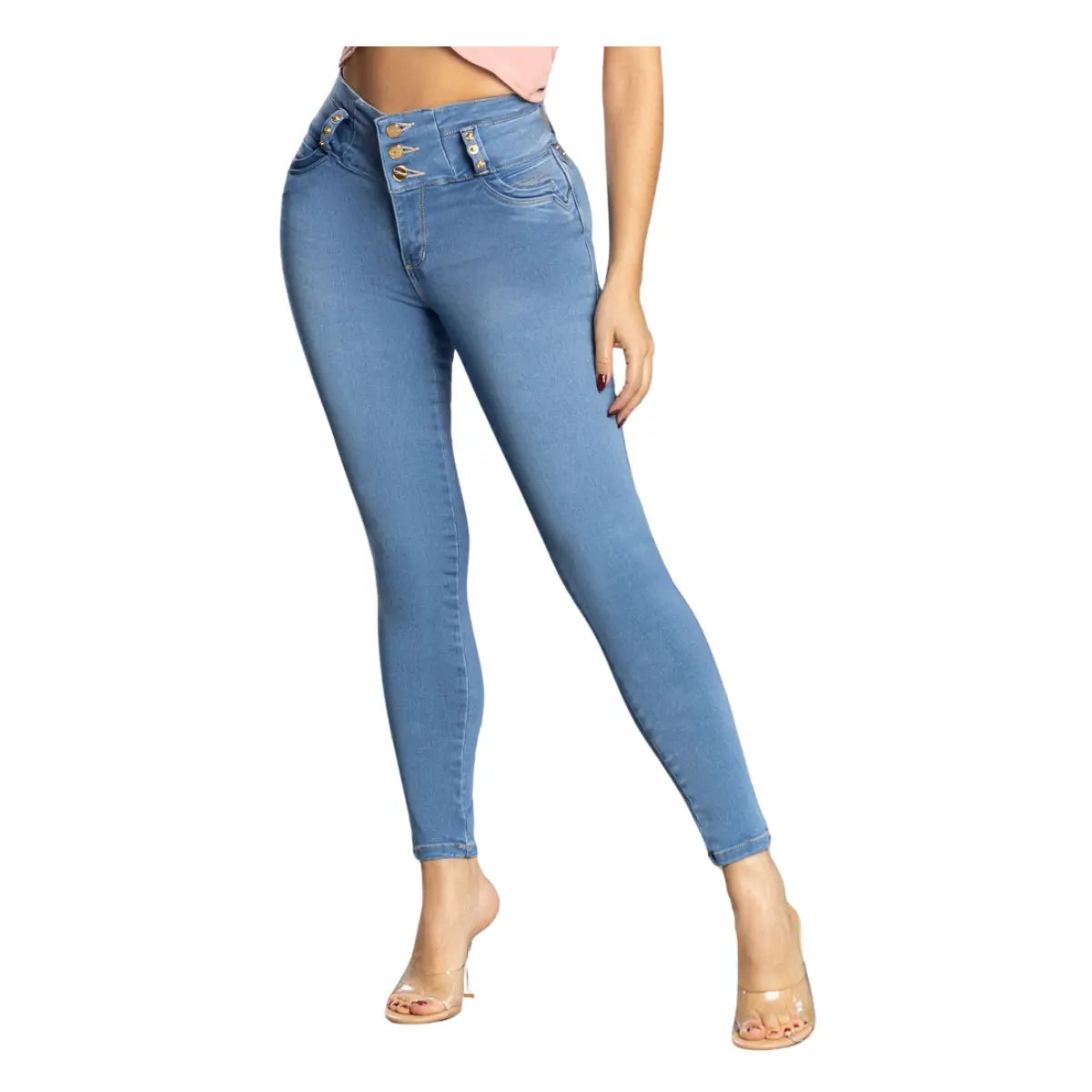 Jean azul claro push-up R1688 con diseño minimalista sin bolsillos posteriores, vista frontal.