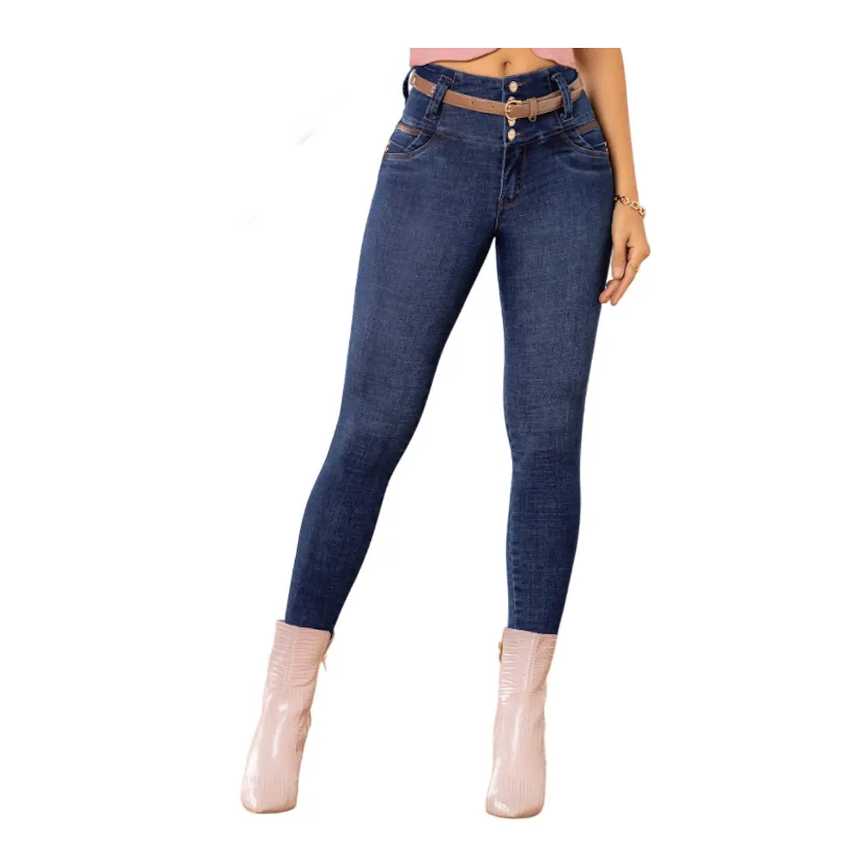 Jean colombiano azul medio modelo 1698 bota pitillo con 4 botones frontales