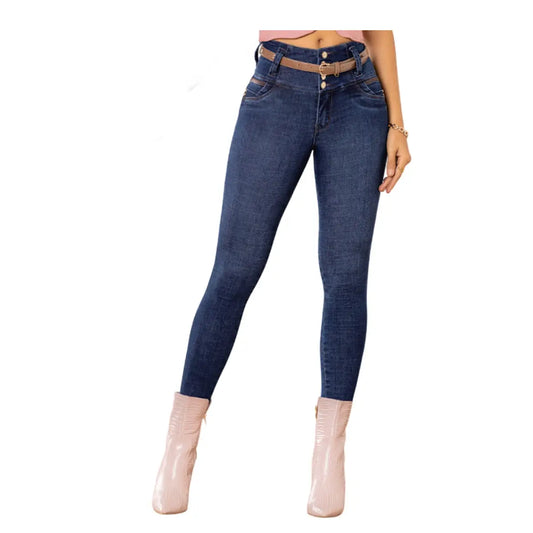 Jean colombiano azul medio modelo 1698 bota pitillo con 4 botones frontales