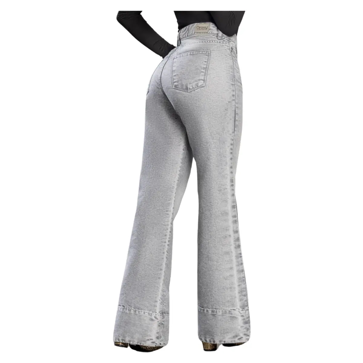 Jean colombiano color gris con efecto escarchado y bota campana modelo R1850. vista posterior