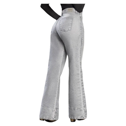 Jean colombiano color gris con efecto escarchado y bota campana modelo R1850. vista posterior