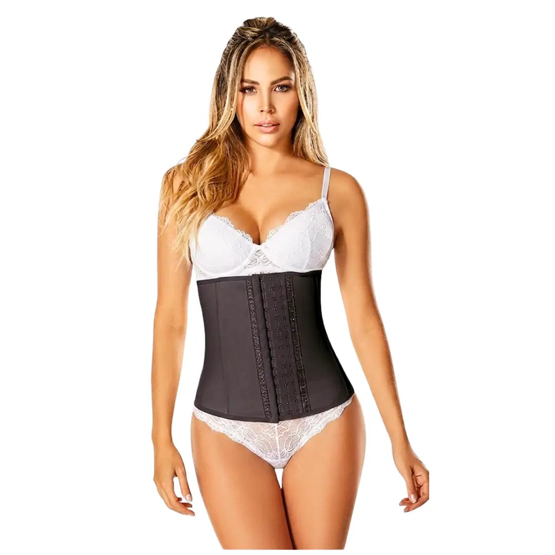 Faja cinturilla de látex alta compresión Waist Trainer BEL color negro con tres niveles de ajuste frontal