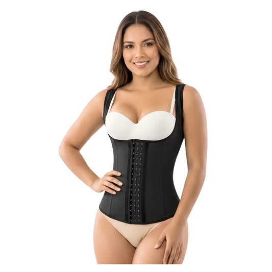 Cinturilla waist trainer tipo chaleco en látex con broches ajustables.