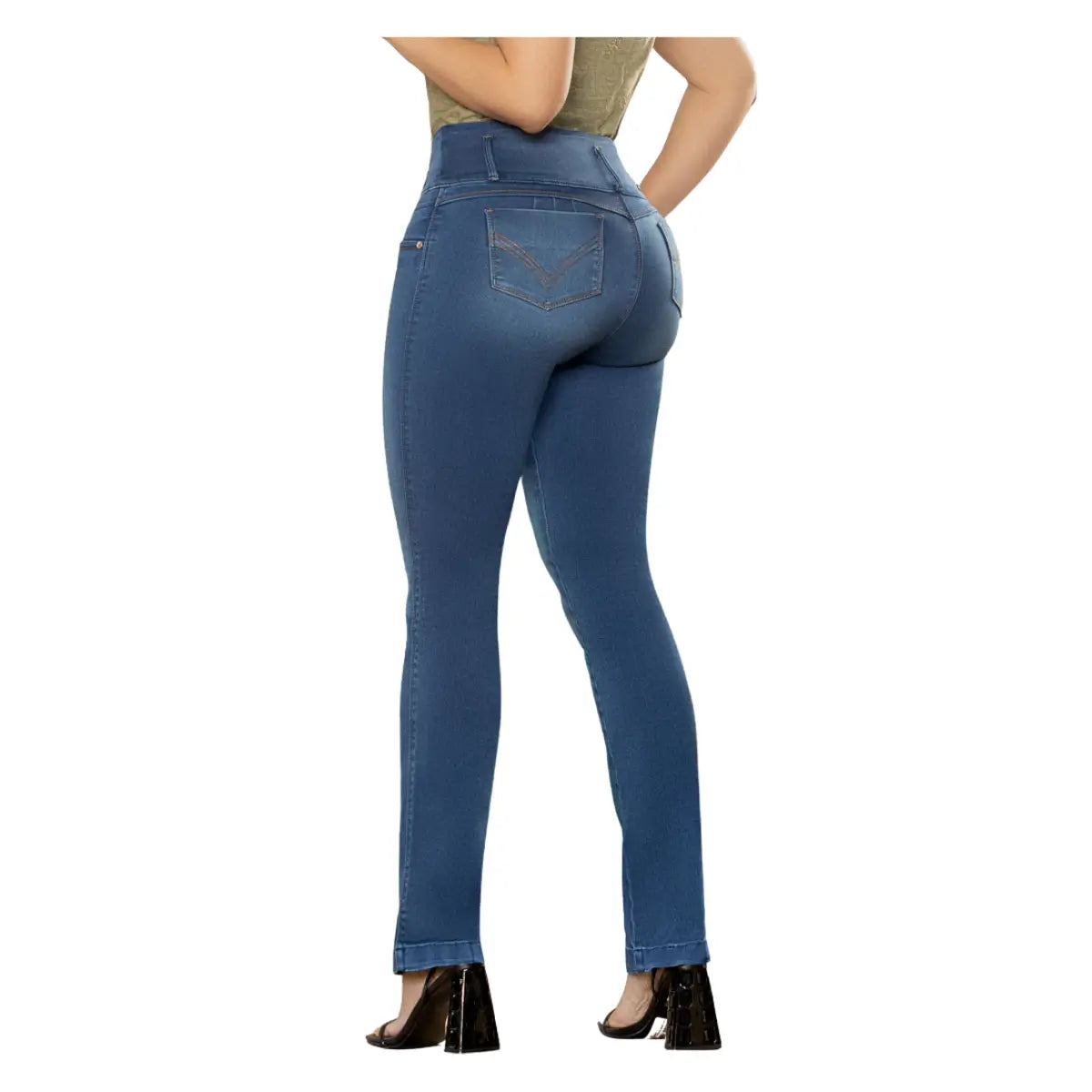 Detalle de la pretina ancha y costuras de refuerzo en jean push-up R8432.