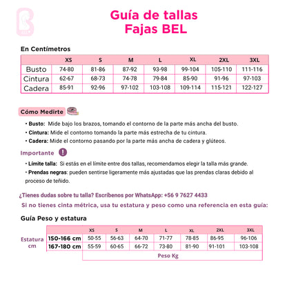 Guía de tallas para faja cinturilla BEL con medidas corporales de busto, cintura y cadera, además de referencia por estatura y peso.