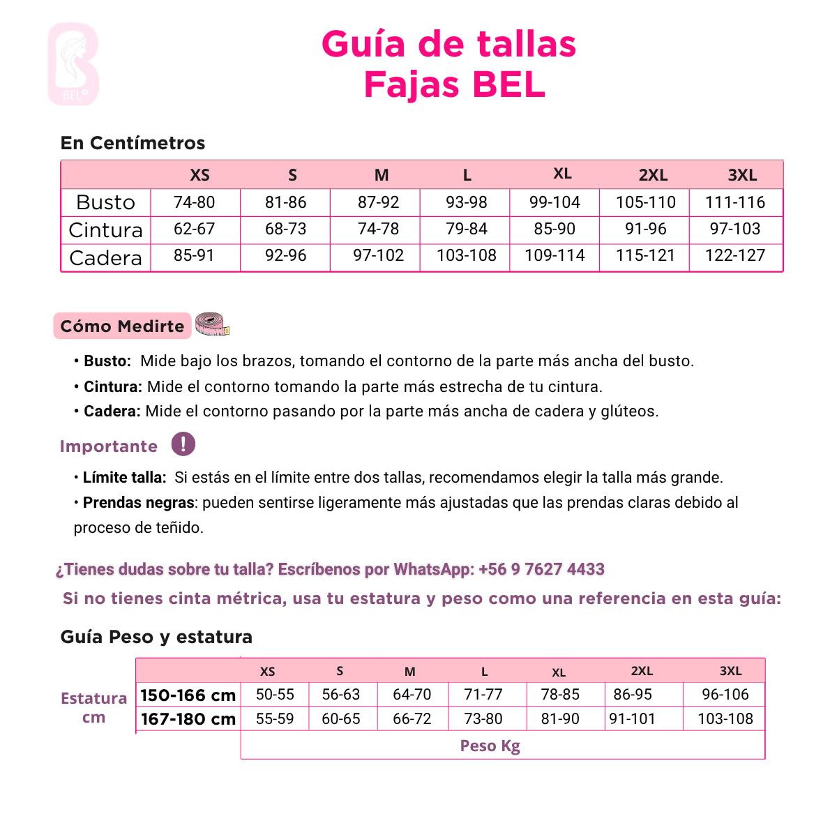 Guía de tallas prendas de control Belleza Express Latina BEL