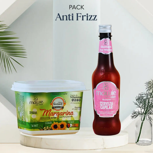 Imagen del Tratamiento capilar Anti Frizz  que contiene Shampoo de Cerveza para mujer más la margarina capilar  de la marca Mawie Colombia, vendidos por Neobel Chile