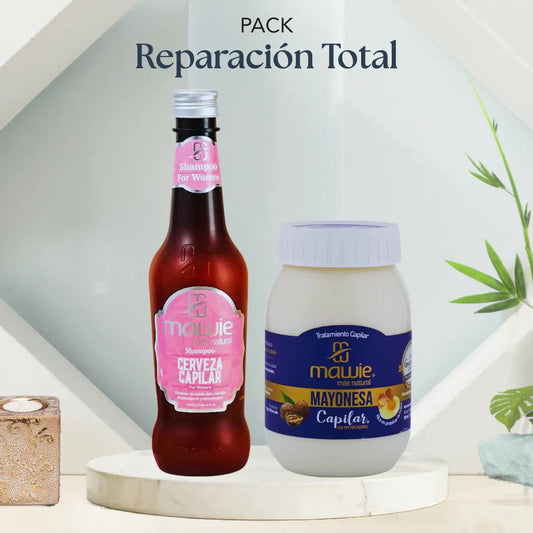 Imagen del Tratamiento capilar Reparación Total que contiene Shampoo de Cerveza para mujer más la mayonesa capilar  de la marca Mawie Colombia, vendidos por Neobel Chile