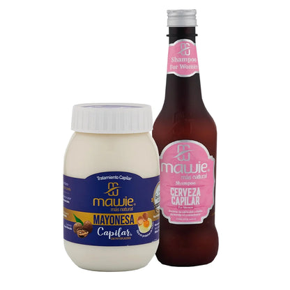 Imagen del Tratamiento capilar Reparación Total que contiene Shampoo de Cerveza para mujer más la mayonesa capilar  de la marca Mawie Colombia, vendidos por Neobel Chile