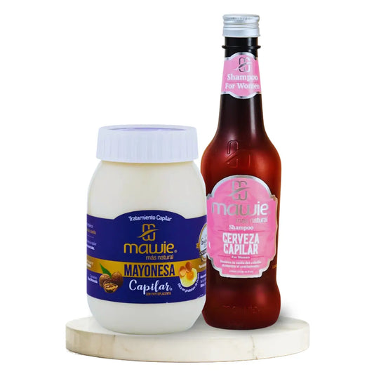 Imagen del Tratamiento capilar Reparación Total que contiene Shampoo de Cerveza para mujer más la mayonesa capilar  de la marca Mawie Colombia, vendidos por Neobel Chile