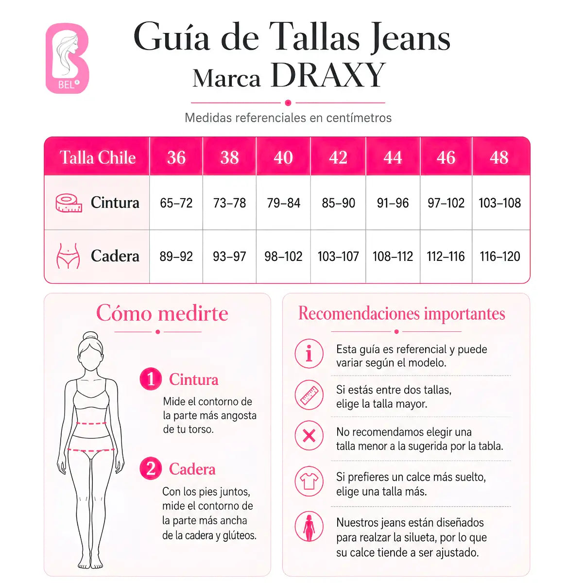 Tabla de medidas para Jeans PushUP Colombianos marca Draxy- Vendido por Belleza Express Latina BEL