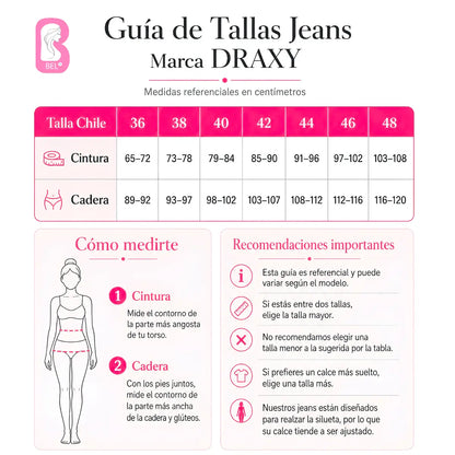 Tabla de medidas para Jeans PushUP Colombianos marca Draxy- Vendido por Belleza Express Latina BEL