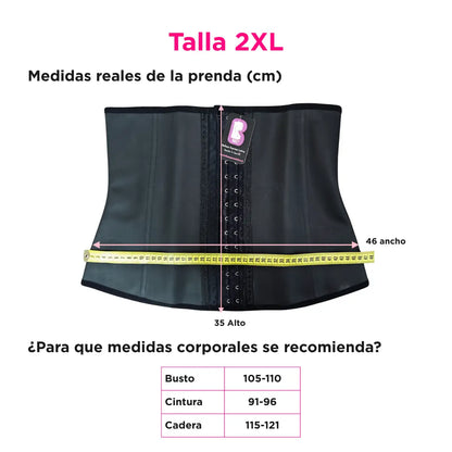 Medidas reales de la faja cinturilla BEL talla 2XL con dimensiones de la prenda y guía de medidas corporales.