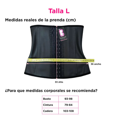 Medidas reales de la faja cinturilla BEL talla L con dimensiones de la prenda y guía de medidas corporales.