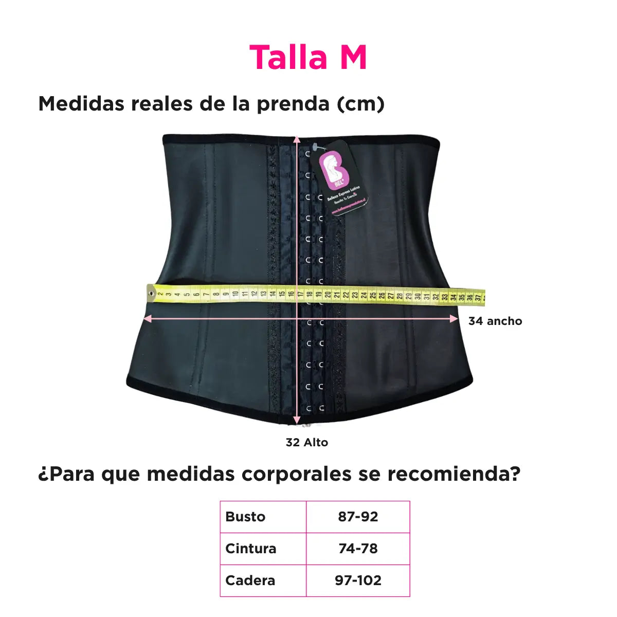 Medidas reales de la faja cinturilla BEL talla M con dimensiones de la prenda y guía de medidas corporales.