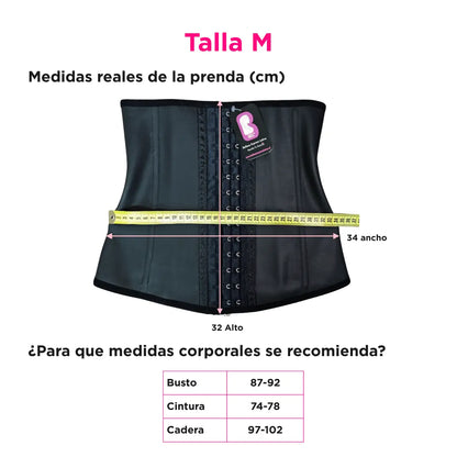 Medidas reales de la faja cinturilla BEL talla M con dimensiones de la prenda y guía de medidas corporales.