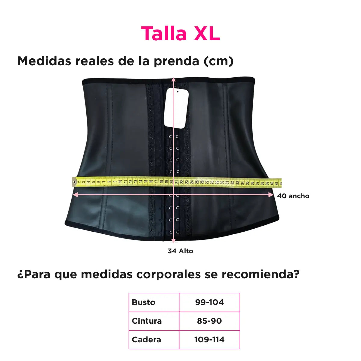 Medidas reales de la faja cinturilla BEL talla XL con dimensiones de la prenda y guía de medidas corporales.