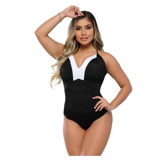 Body colombiano color Negro, diseño de cuello en V blanco y con faja abdominal interna. Modelo R9158 de bellezaexpresslatina