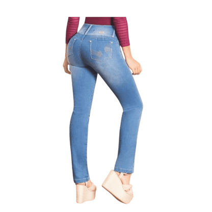Jean Colombiano Push Up - Azul Claro 3 Botones y Bota Recta. - bellezaexpresslatina